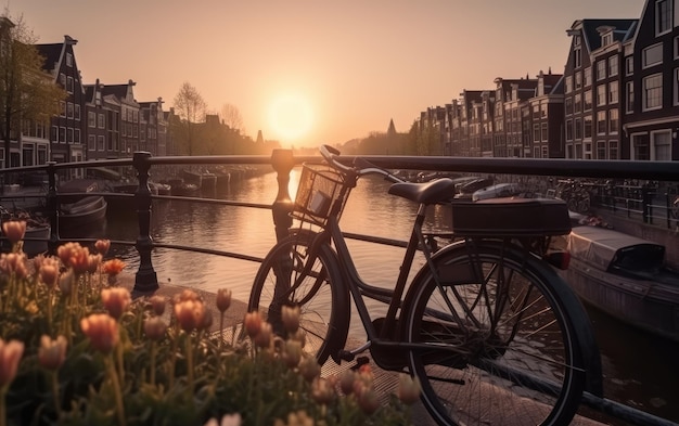 Bicicletas en el puente en primavera con hermoso amanecer sobre Amsterdam Generative AI