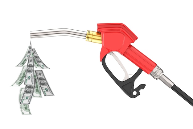 Bico de combustível da bomba de pistola de gasolina, distribuidor de posto de gasolina com gota de notas de dólares em um fundo branco. Renderização 3D