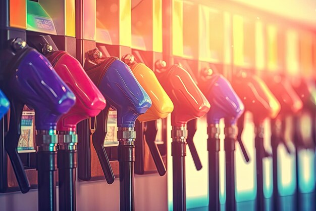 Foto bicos coloridos de enchimento da bomba de gasolina no fundo brilhante do posto de gasolina do dia sunnz