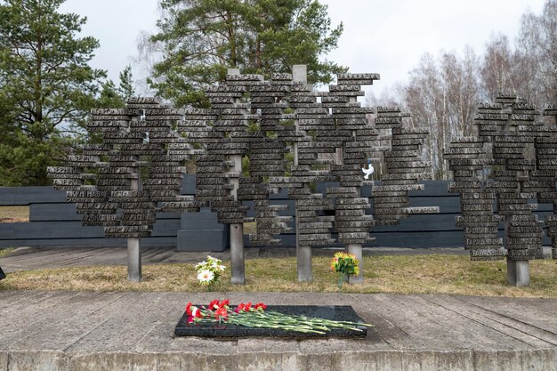 Bielorrusia Minsk marzo de 2023 El complejo conmemorativo del pueblo de Khatyn muro de la memoria