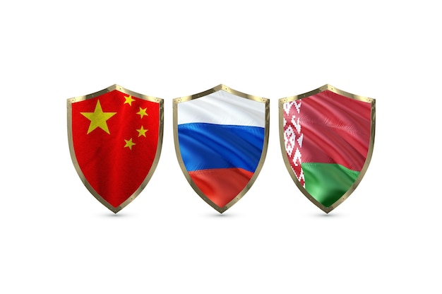 Bielorrusia, Rusia y China Concepto publicitario. Cual es la bandera y escudo de los tres paises