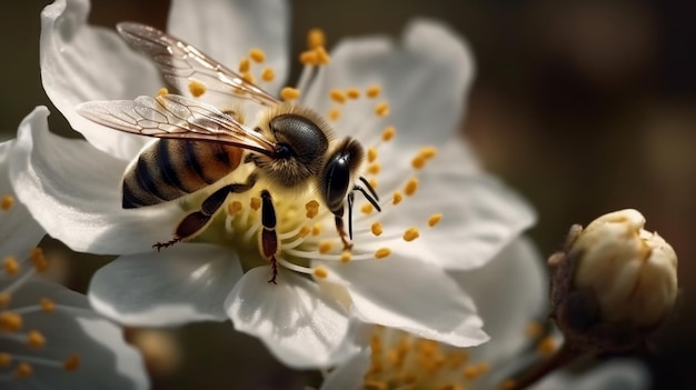 Biene auf einer weißen Blume, Nahaufnahme, selektive generative KI