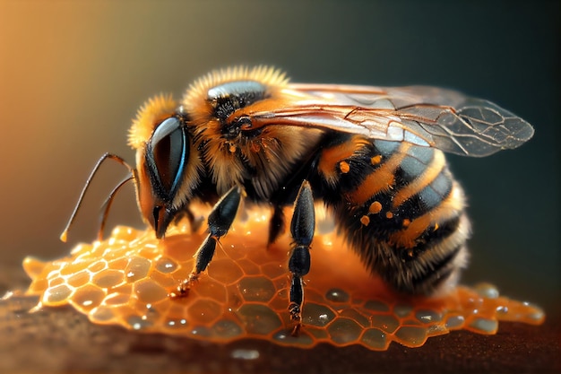 Biene auf Honig Honigbiene Makro Realistische Illustration Generative ai