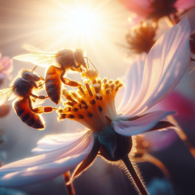 Biene bestäubt Blume bei Sonnenaufgang, Makro-Nahaufnahme