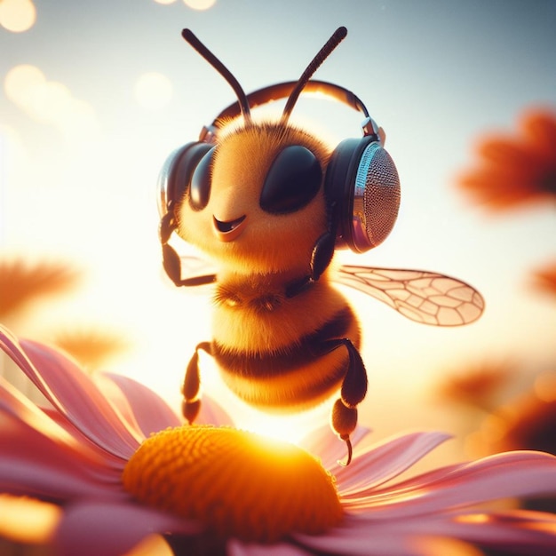 Biene bestäubt Blume bei Sonnenaufgang, Makro-Nahaufnahme