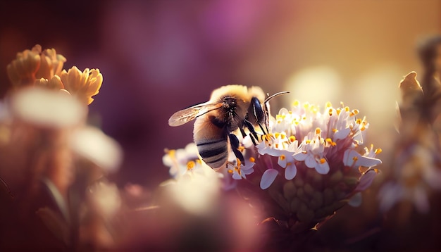 Foto biene fliegt im garten auf der suche nach ihrer pollen generativen ki