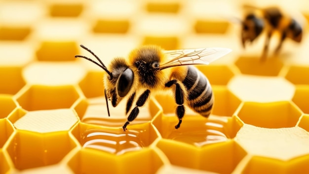 Biene in einer Honigwabe in Nahaufnahme
