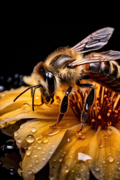 Biene sitzt auf der Blume auf dem dunklen Hintergrund, Makro-Nahaufnahme