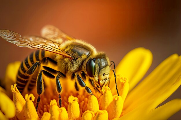 Biene sucht nach Nektar und Pollen auf gelben Bienenblütenblättern, die mit generativer KI erstellt wurden