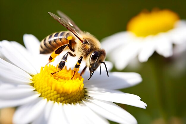 Biene und Blume Nahaufnahme einer Biene, die an einem sonnigen Tag auf einer Gänseblume Honig sammelt Generative KI