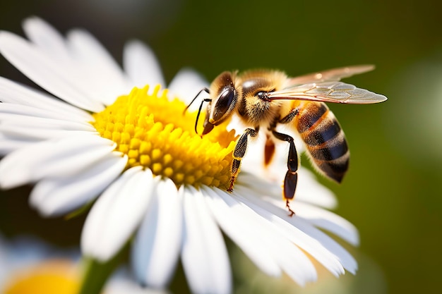 Biene und Blume Nahaufnahme einer Biene, die an einem sonnigen Tag Honig auf einer Gänseblümchenblume sammelt. Generative KI