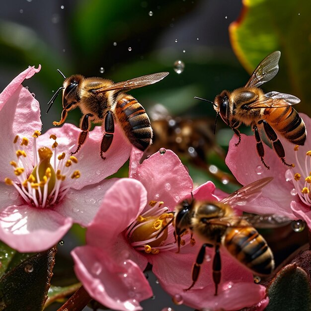 Bienen auf einer rosa Blume mit dem Wort Honig darauf