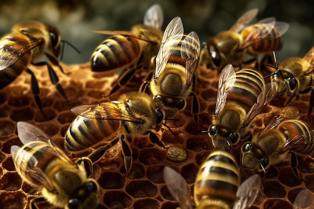 Bienen auf einer Wabe mit einer Münze in der Mitte