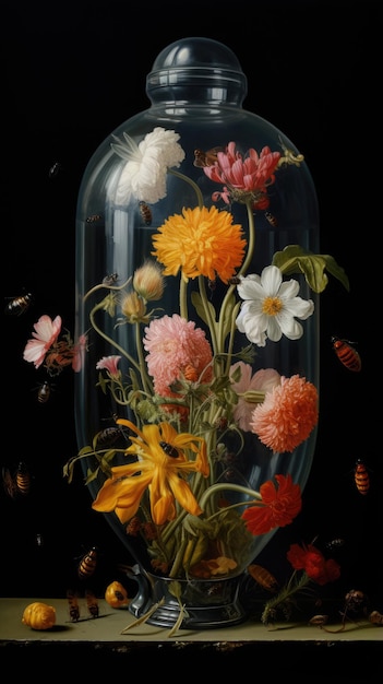 Bienen brüllen um eine mit Blumen gefüllte Ming-Vase herum