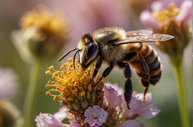 Bienen, die mit Pollen auf Blüten bedeckt sind