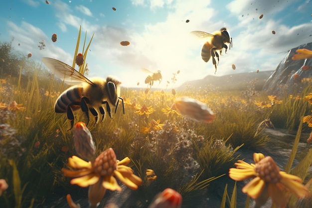 Bienen fliegen über ein blühendes Feld Generative KI
