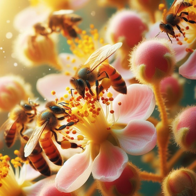 Foto bienen sammeln fleißig nektar und pollen und tragen beim bestäuben von blumen zum ökosystem bei