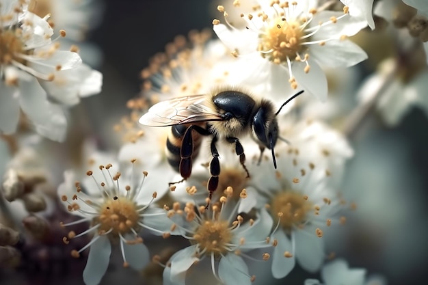 Bienen sammeln Nektar auf Blumen vor blauem Himmelshintergrund Generative KI