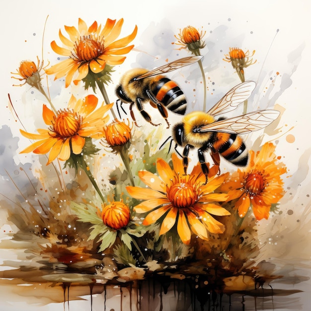 Bienen summen um Blumen Aquarell Clipart