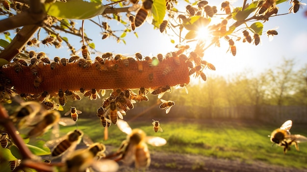 Bienen und Honigstock auf hölzernem Hintergrund