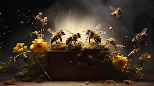 Bienen und Honigstock auf hölzernem Hintergrund