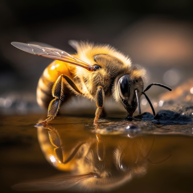 Bienenfotografie Eine Biene trinkt Wasser aus einer Pfütze, generative KI