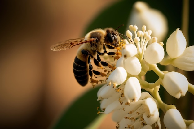Bienenmakro auf einem Blumenbild, das mit KI generiert wurde
