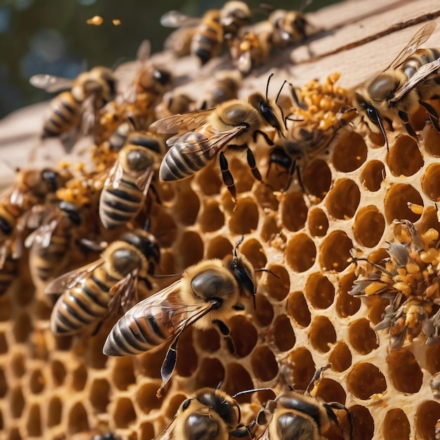 Bienenstock in einem Bienenstock mit Bienen und Honigwaben