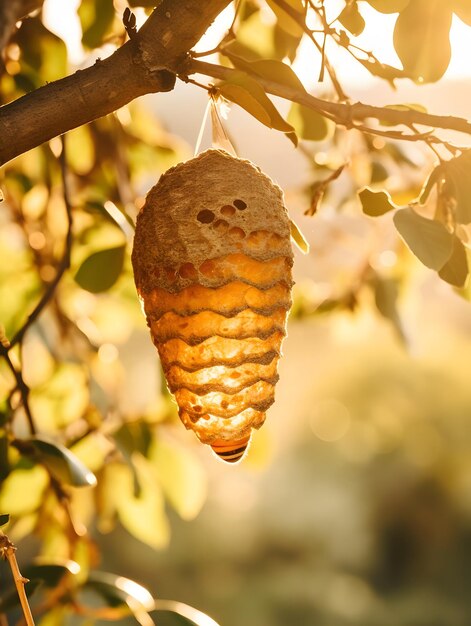 Bienenstock mit Honig, der im Morgengrauen an einem Ast hängt. Generative KI