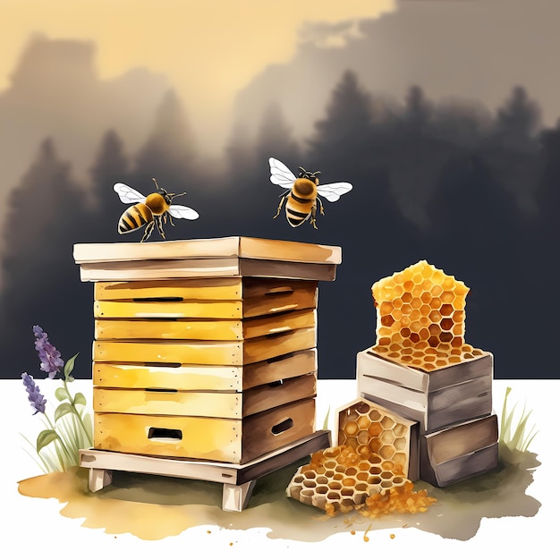 Bienenstöcke mit Waben Akvarell handgemalte Illustration