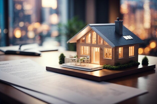 Bienes Inmuebles Holográficos Un modelo futurista en 3D de una pequeña casa en una mesa firmando contratos hipotecarios