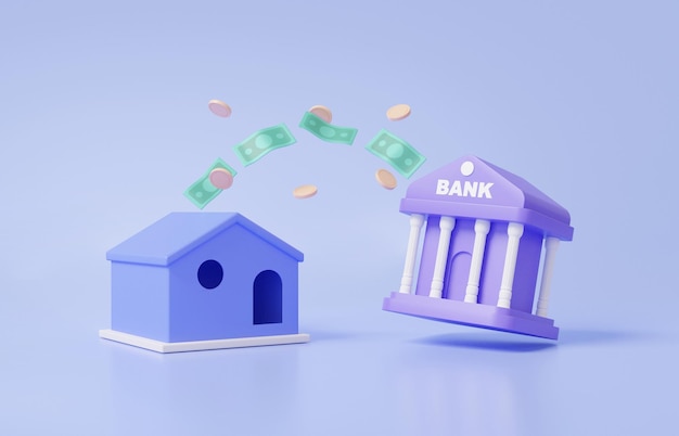 Bienes raíces de la casa con transferencia de pago bancario sistema de dinero transacción en línea concepto pagar depósito de deuda en la banca por Internet dibujos animados de impuestos espacio de copia mínimo ilustración de representación 3d