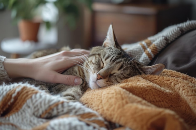 Foto bienestar del gato una escena de un gato disfrutando de una sesión de mimos