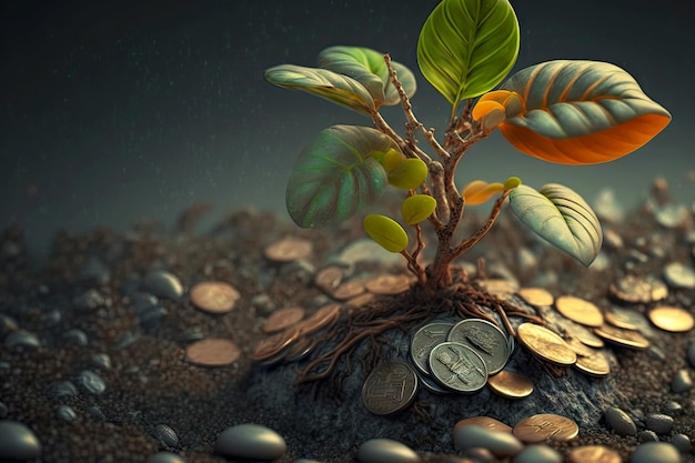 Bienestar y riqueza del brote del árbol del dinero entre monedas