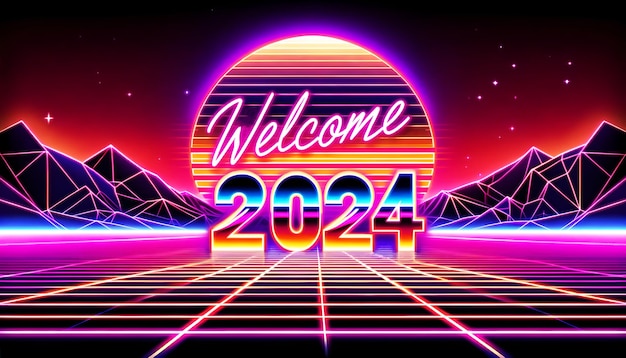 Foto bienvenido al 2024 con una estética de neón retro