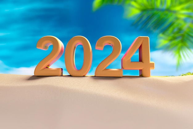 Bienvenido al Año Nuevo 2024 entre palmeras y una festiva atmósfera de playa en 3D