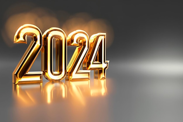 Bienvenido al año nuevo 2024 tipo de vidrio 3D con luces doradas con espacio para el texto