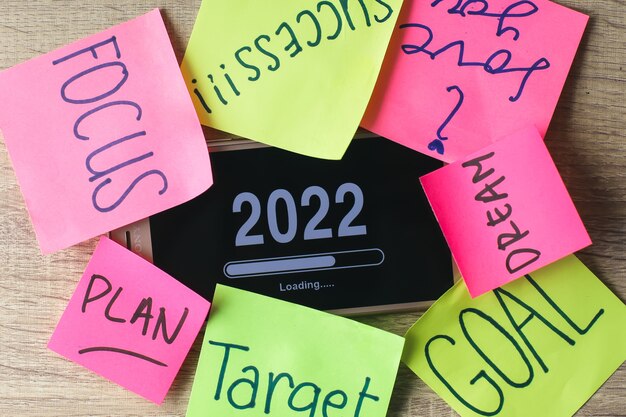 Bienvenido al fondo 2022 con palabras motivacionales en notas adhesivas