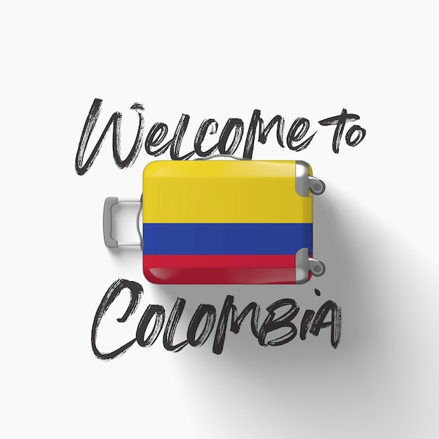 Foto bienvenido a la bandera nacional de colombia en una maleta de viaje d render