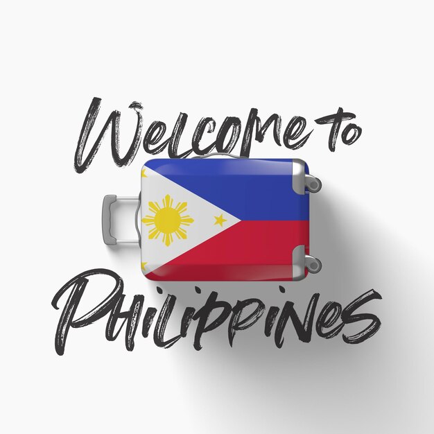 Bienvenido a la bandera nacional de filipinas en una maleta de viaje d render