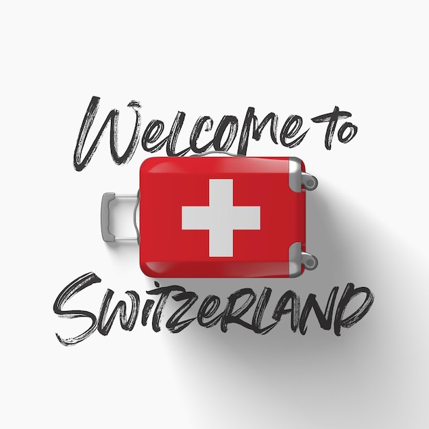 Bienvenido a la bandera nacional de suiza en una maleta de viaje d render
