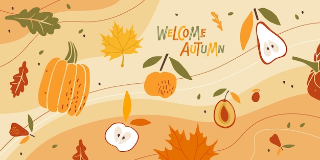 Foto bienvenido otoño banner abstracto otoño fondo otoño cartel con manzana peras calabaza ciruela planta en