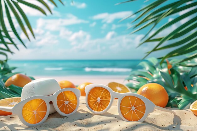 Foto bienvenidos a las frutas de verano en la playa, post creativo en las redes sociales en 3d.