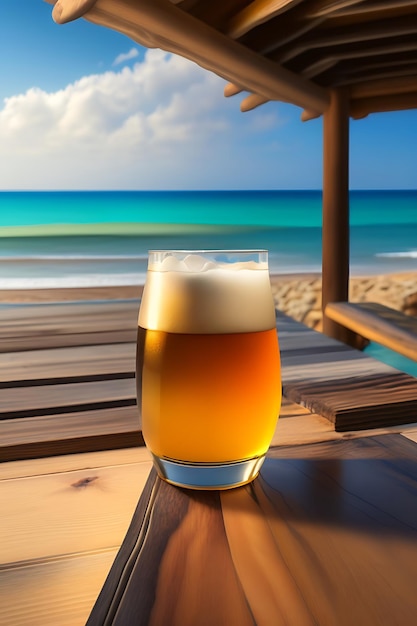Bier auf Holztisch mit verschwommenem Strandhintergrund