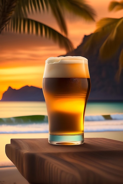 Bier auf Holztisch mit verschwommenem Strandhintergrund