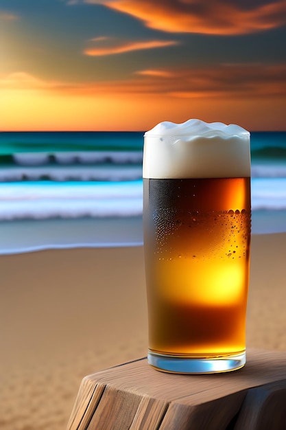 Bier auf Holztisch mit verschwommenem Strandhintergrund