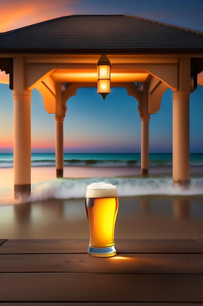 Bier auf Holztisch mit verschwommenem Strandhintergrund