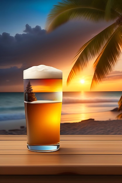 Bier auf Holztisch mit verschwommenem Strandhintergrund