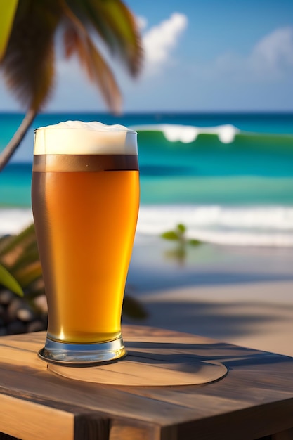 Bier auf Holztisch mit verschwommenem Strandhintergrund