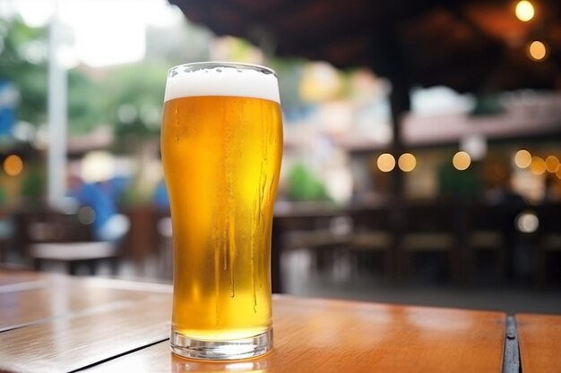 Foto bier im glas und freier platz für ihre flasche holztisch und dunkles barinterieur